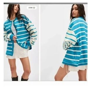 Free People We The Free Classic Striped Cardigan Blue Sz Small Oversized